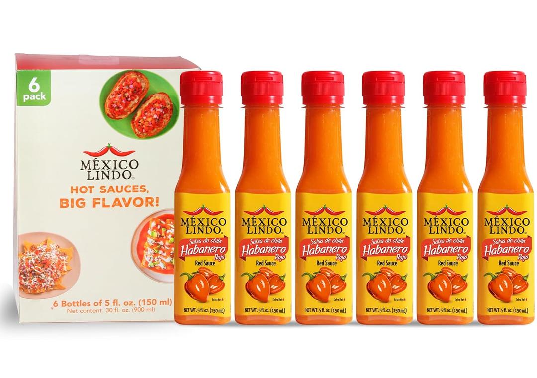 Mexico Lindo Red Habanero Hot Sauce | Real Red Habanero Chili Pepper | 78,200 Scoville Level | Enjoy with Mexican Food, Seafood & Pasta | 5 Fl Oz Bottles (Pack of 6) (Best by: 6/27/2026)