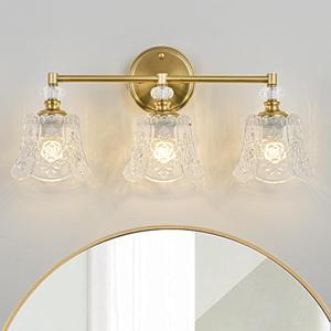 Vintage Gold Bathroom Vanity Light Fixture, 3-Light with Rose Pattern Crystal Glass Shade, Retro Brushed Gold Finish