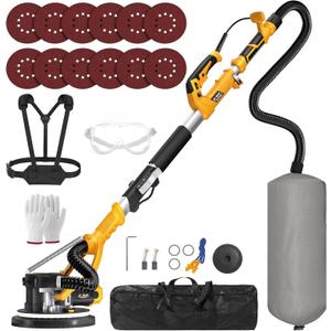 GEVEELIFE Drywall Sander, 880W 7.33A Electric Drywall Sander with Vacuum Dust Collector, 5 Variable Speed 1000-2100RPM, LED Light, Foldable & Extendable Handle, 12 Sanding Discs (Orange)