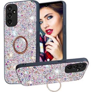 Bling Glitter Case for Samsung Galaxy A13 5G for Women Girls,Cute Sparkle Soft TPU Cover with Ring Kickstand Phone Case for Samsung Galaxy A13 5G/ Galaxy A04s CZ-Silver