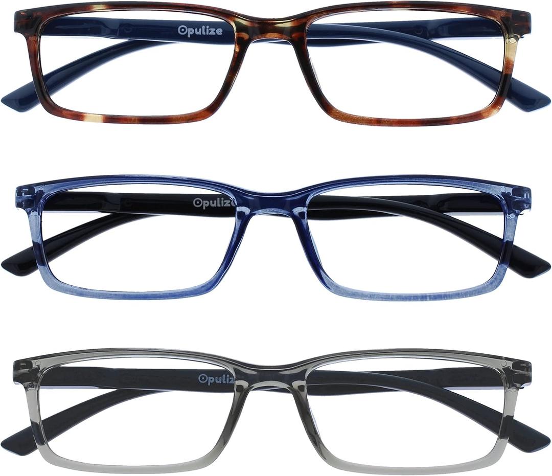 OPULIZE SEE Reading Glasses with Blue Light Blocking for Women and Men, Narrow Frame, Spring Hinges, Computer Gaming Glasses, Brown,Blue,Grey +2 (Pack of 3)