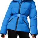 Fisoew Womens Ski Jacket Warm Hooded Insulated Waterproof Quilted Puffy Mountain Snow Winter Coat with Belt (Large, Blue)