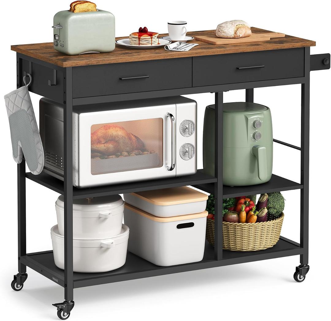 VASAGLE Kitchen Island Cart with Storage, 2 Drawers, Towel Rack, 17.7"D x 38.8"W x 35.4"H, Rustic Brown + Ink Black