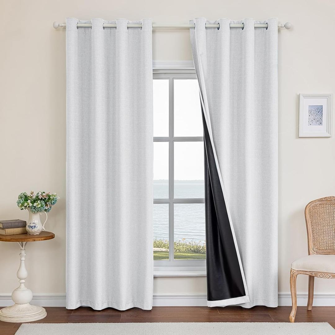Faux Linen 100% Blackout Curtains for Bedroom, Black Out Curtains 96 Inch Long, Room Darkening Curtains for Living Room, Long Curtain Grommets Drapes, Thermal Curtains (2 Panels, Off-White)