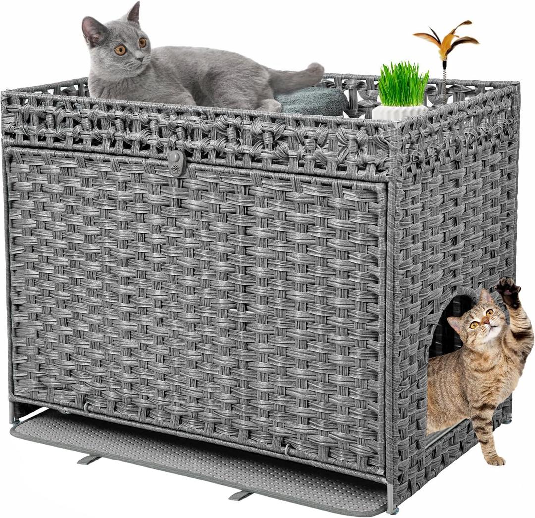 Cat Litter Box Enclosure Furniture Hidden, Pet House Litter Box Furniture for Large Cats, Handwoven Rattan with Door Cat Washroom Box, Indoor Cat House Storage with Soft Litter Mat, Grey