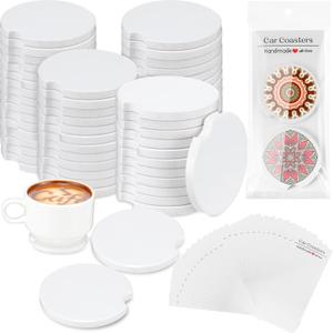 Zhehao 150 Pcs Ceramic Car Coasters with Bags and Cards 2.64'' Sublimation Coasters Blanks Ceramic Car Cup holder with A Finger Notch for Easy Removal Packaging for Selling