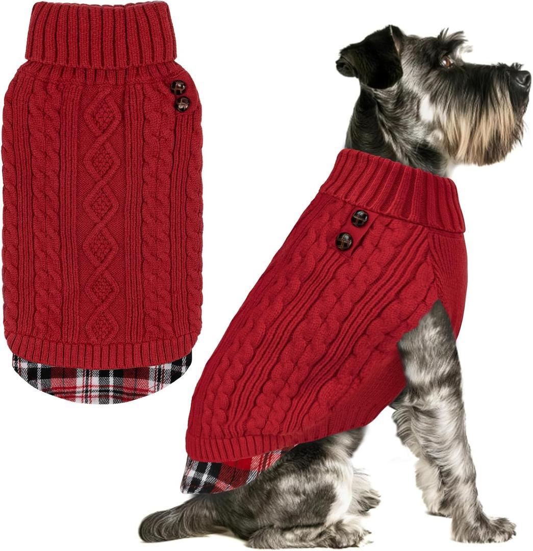 KYEESE Dog Sweater Soft Pullover Dog Sweaters for Small Dogs Girl Warm Turtleneck Small Dogs Sweater with Gingham Patchwork Stretchy Knitwear Cat Clothes Comfy Pet Coat for Fall Winter Cold Weather (Medium7-13lbs, 2# Red)
