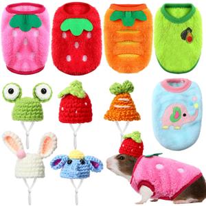 10 Pcs Guinea Pig Clothes, 5 Guinea Pig Costume Outfit, 5 Mini Hat with Adjustable Strap Small Animal Warm Vest Sweater Cozy Hand Knitted Hat for Hamster Bunny (Fresh Style) (XXS)