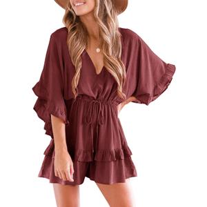 Valphsio Womens V Neck Beach Romper Ruffle Layered Drawstring Waisted Shorts Jumpsuit (Large, Bean Paste)
