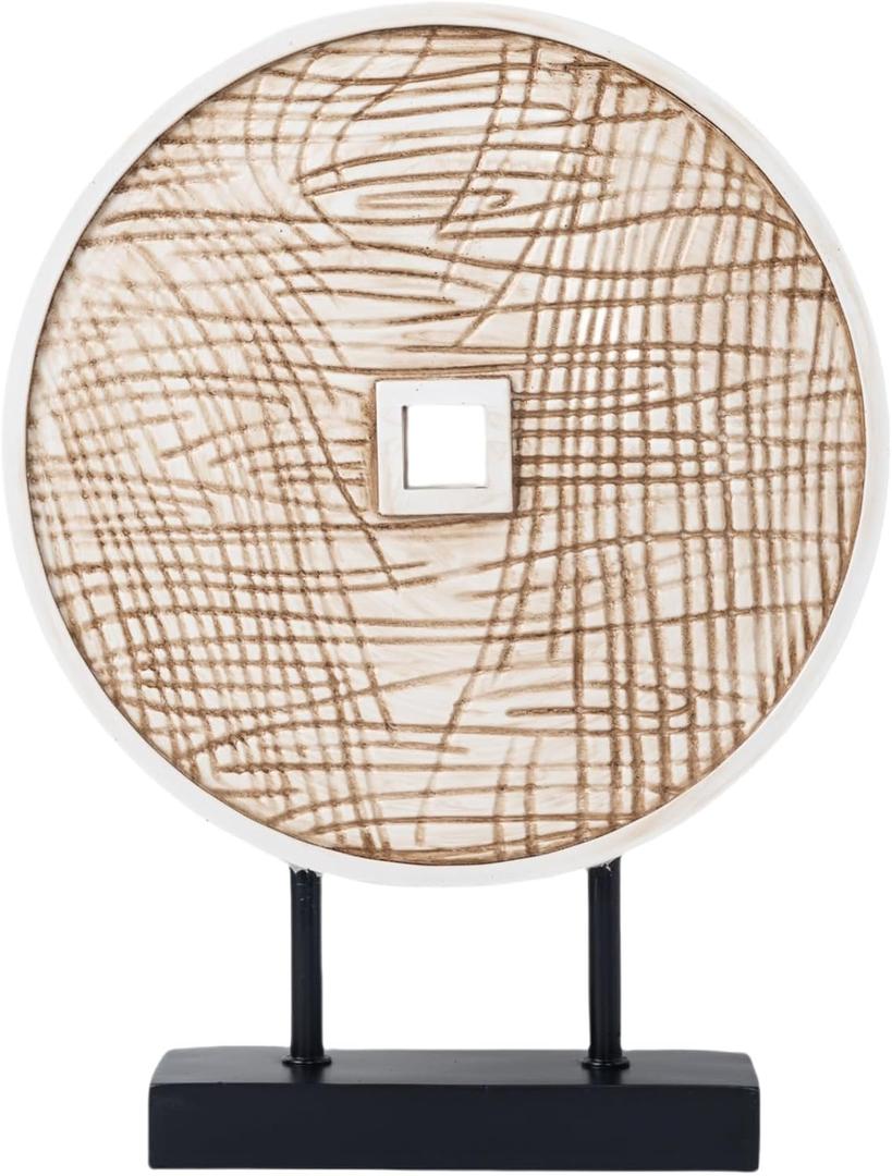 Unique Round Coin Sculpture Decorative Objects for Shelf Home Decor Accents, Modern Abstract Tabletop Decor Items for Living Room Fireplace Mantel, Above Cabinet (Vintage White)