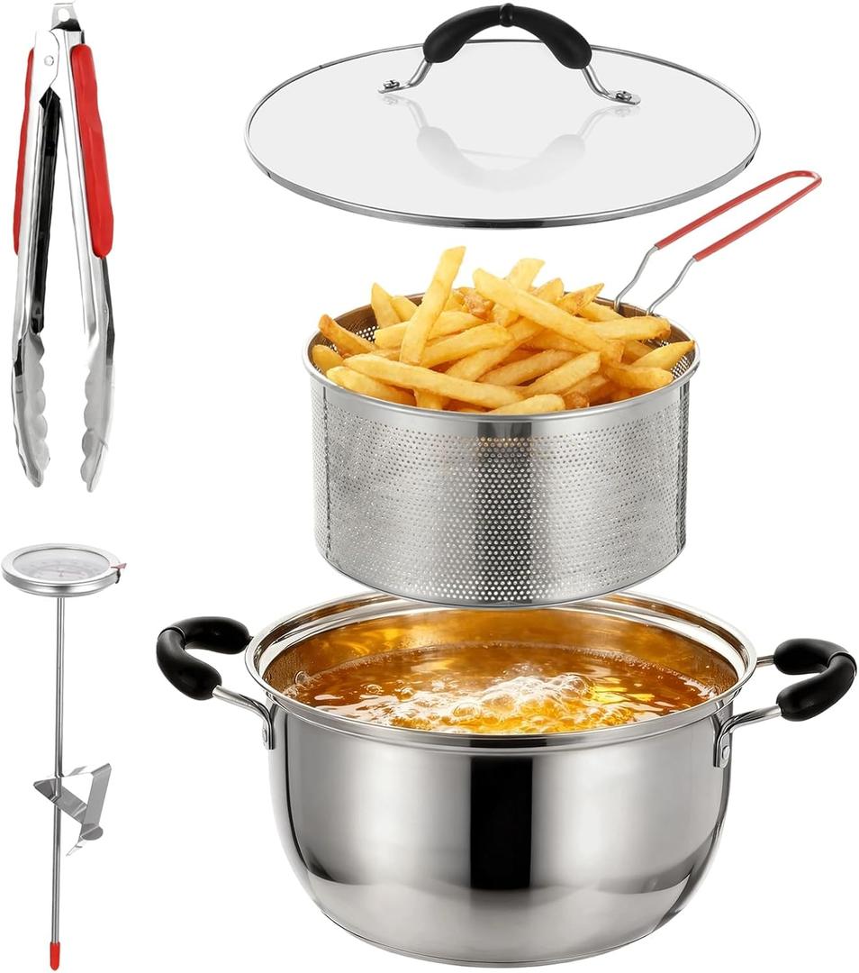 4 Pcs Deep Fryer Pot with Basket, 304 Stainless Steel Fryer Includes 6QT Pot for Frying, Steaming, Cooking, Food Clip, Thermometer and Frying Basket, Great for Home Kitchen Use (4Pcs)