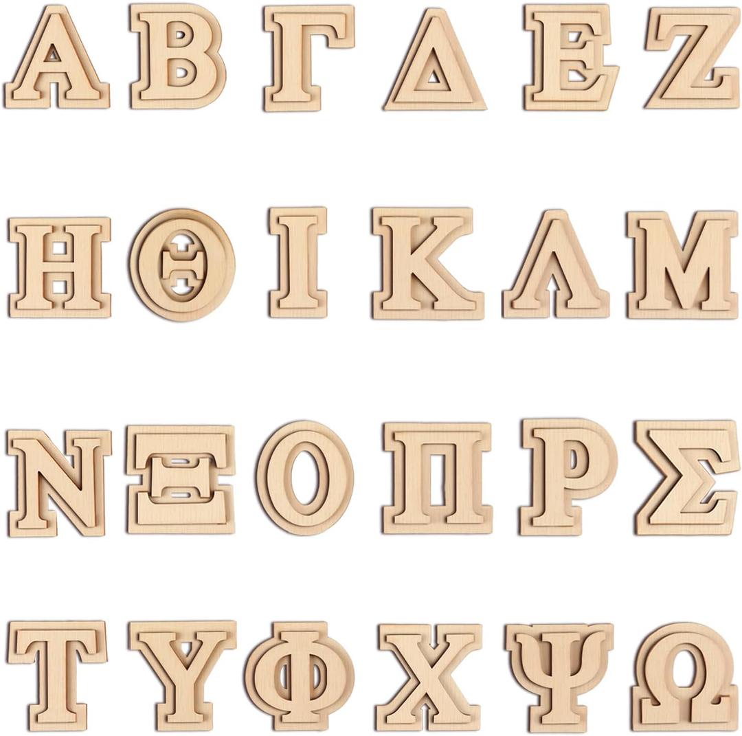 Double Layer Wooden Greek Letters 2 inch Unfinished Wood Greek Alphabets Letters 24Pcs Small Wood Letter for Crafts Paddle DIY Painting Arts Project Home Wall Decor (2 inch-24 pcs)