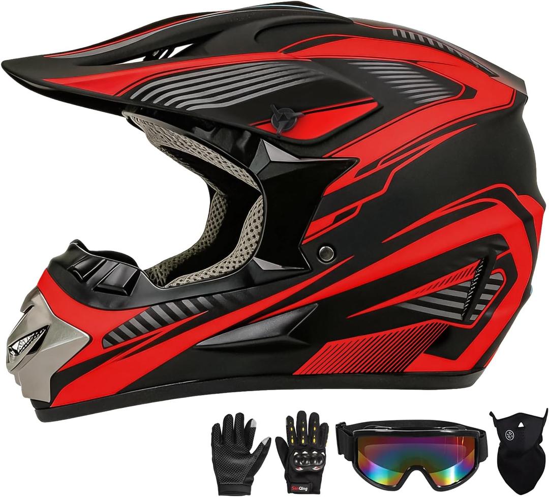 Motocross Helmet,Youth Adult ATV Dirt Bike Motorcycle Helmet,BMX 4-Wheeler Off-Road Mountain Bike Helmet,DOT Certified,W/Gloves Goggles Mask 4-Piece Set (Red, X-Large)