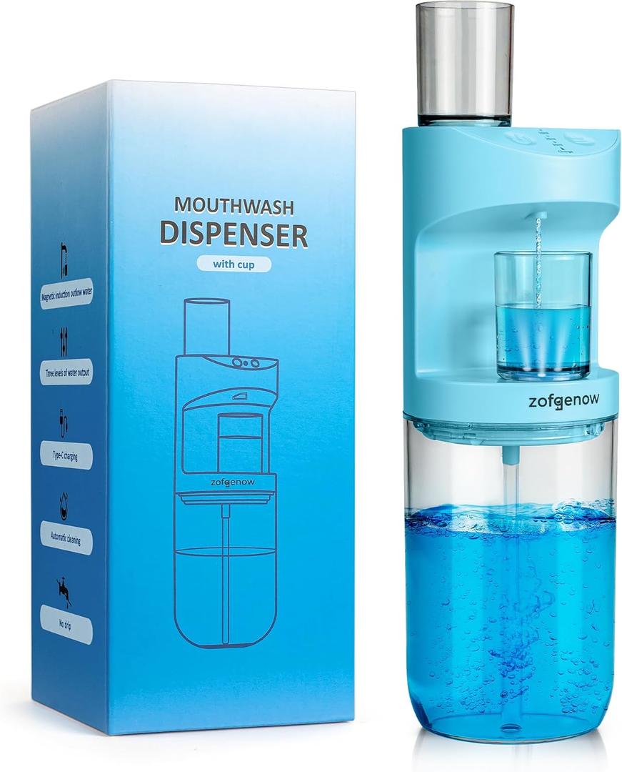 ZOFGENOW Automatic Mouthwash Dispenser for Bathroom,Bathroom Accessories 19.4 Fl Oz Dispensers with Magnetic Cups,Wall Mounted Dispenser,Suitable for All Age Groups,Blue