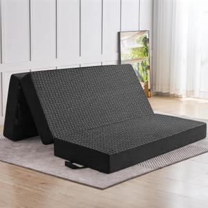 CYMULA Folding Mattress Queen Size, Memory Foam 6 inch Tri Portable Trifold Mattress Futon Topper Queen with Breathable & Washable Cover, Murphy Bed Guest Bed,Black (58"x75"x6")