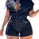 Tcremisa Women's Vintage Distressed Short Denim Jumpsuit Stretch Short Sleeve Button Down Cargo Jean Rompers (Black, XL)