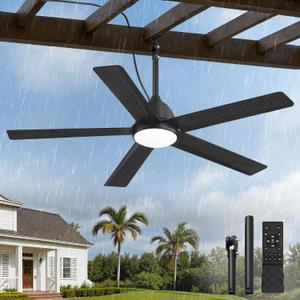 52'' Outdoor Ceiling Fan with Light, Black Gazebo Hanging Fans, Plug-in Ceiling Fans, IP65 Waterproof, 6-Speed DC Motor, Remote/APP Control, Dimmable 3CCT, Smart Ceiling Fans for Patio Porch Pavilion