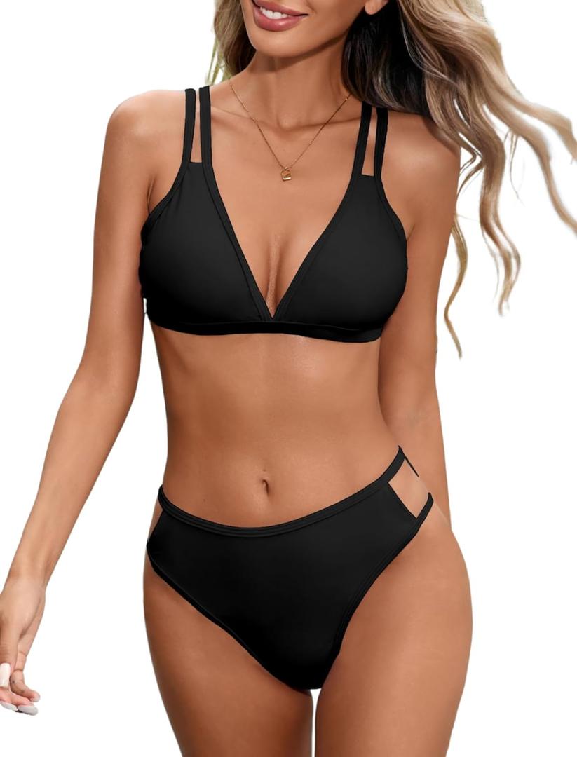 HYTENSUN High Waisted Bikini Sets for Women Swim Suit 2025 Modest Double Strap Triangle Bathing Suits Swimwear (Black, L)