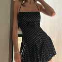 Polka Dot Halter Mini Dress for Women Y2k Sleeveless Ruffle Hem Backless Mini Dress Vintage Streetwear Summer (Black, XS)