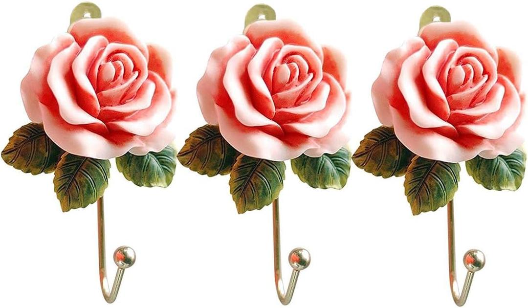 3 Pack Pink Flower Decorative Hooks for Hanging Things, Resin Floral Bow Coat Hook Cute Girls Room Decor Aesthetic, Bathroom Wall Rose Towel Hooks, Key, Bag, Robe, Hat etc (Color)