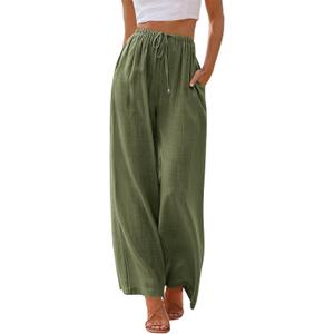 LILLUSORY Women's Linen Summer Palazzo Pants Flowy Wide Leg Beach Pants with Pockets, Size S (Green)