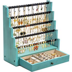 Pinzoveco Earring Organizer, 5 Layer Earring Holder Organizer with Necklace Holder Pole, Rustic Wood Jewelry Organizer Stand Display for Stud Earring Bracelet Necklace Ring, 175 Earring Holes (Teal)
