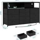 Unionly 55W 10-Drawers Dresser with 2 Open Storage Shelves, TV Stand Dresser for 55,65 inch TVwith Power Outlets and LED Lights, Fabric Dressers Drawers for Bedroom, Living Room (Black), 11.8"D x 55.1"W x 35.4"H