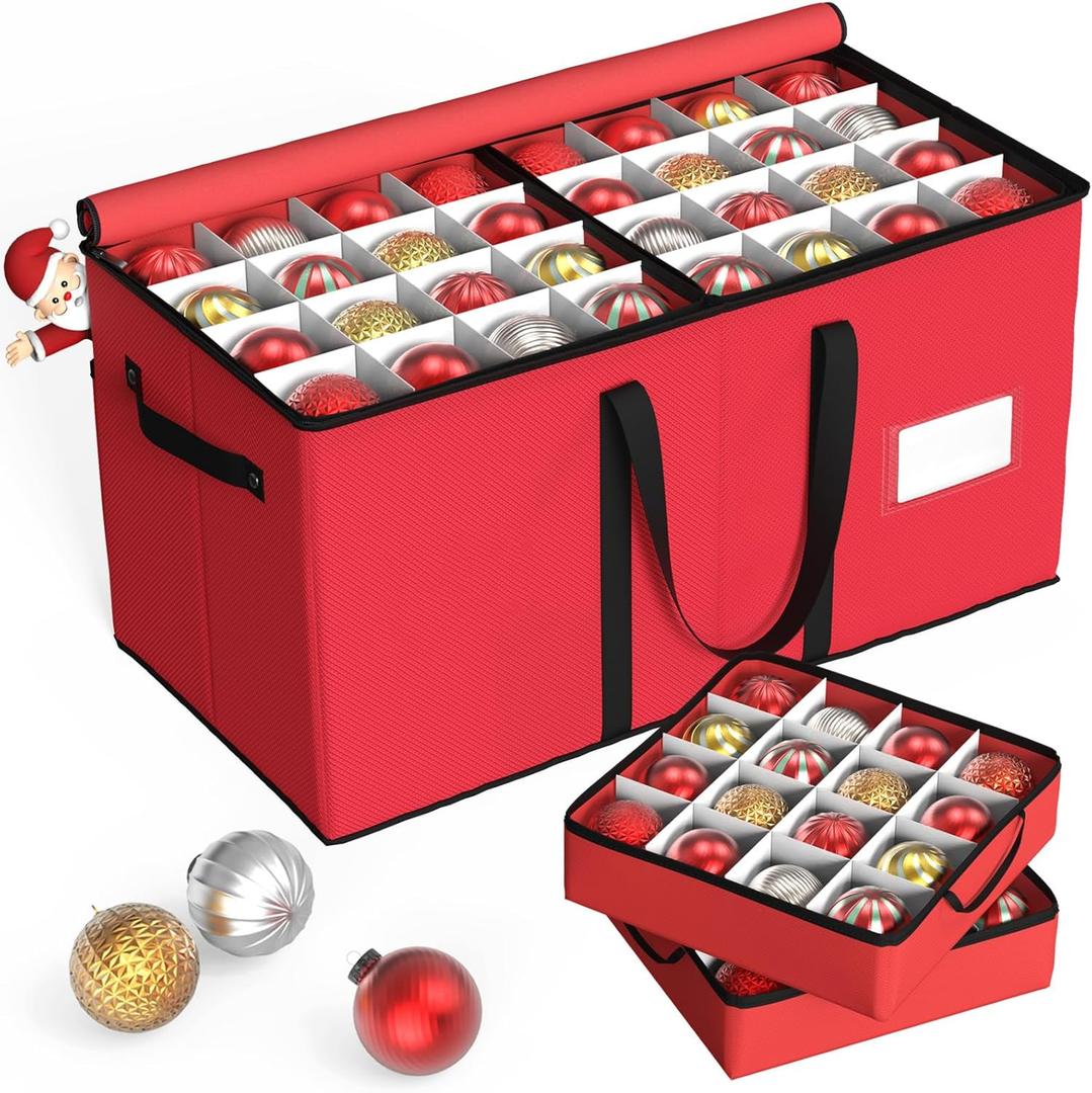 Kesfitt Christmas Ornament Storage Box with 8 Trays,Christmas Storage Container with Dividers Fits 128 Holiday Ornaments Decorations,Double Zipper,Large Xmas Organizer with Pockets