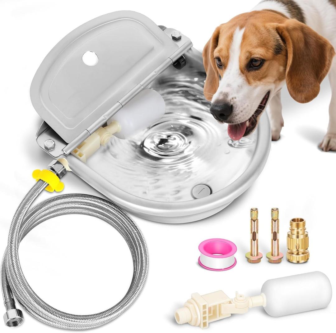 Automatic Animal Drinking Water Bowl with Float Valve, Extended Pipe & Drain Hole, Stainless Steel Waterer Feeder Farm Dog Dispenser Kit Self Filling for Livestock Horse Goat Water Trough