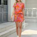 TCOT Pajamas for Women Set Summer Fashion Short Sleeve Crewneck Tops with Skirt Sets Pajama Casual Loungewear (Small, A Orange Purple Floral)