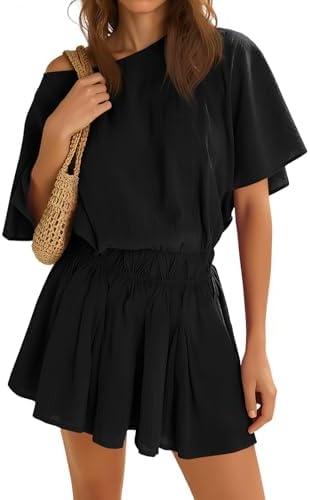 Yousify Off the Shoulder Dress Batwing Sleeve Cinched Waist Mini Dress | Short Summer Dress, Casual Ruffle Short Dress,A-Line Dress,Spring&Summer Fashion Outfits, Medium