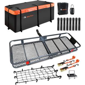 Hitch Mount Cargo Carrier Basket 60"*20"*6"+Waterproof Bag 16 Cubic Feet(58"*19"*24"),and Cargo Net with Attachment Hooks,Ratchet Straps,Hitch Stabilizer.500 Lbs Capacity,foldable,fit 2" Receiver