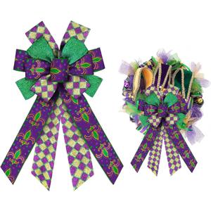 ALIBBON Large Mardi Gras Bows for Wreaths, Mardi Gras Wreath Bows, Purple Fleur de Lis Bows, Buffalo Plaid Bows for Front Door, Mardi Gras Decorations Glitter Bows for Mardi Gras Carnival Decor