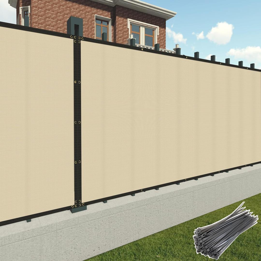 Patio 5' x 12' Fence Privacy Screen Beige Commercial Grade Mesh Shade Fabric with Brass Gromment Outdoor Windscreen Zipties