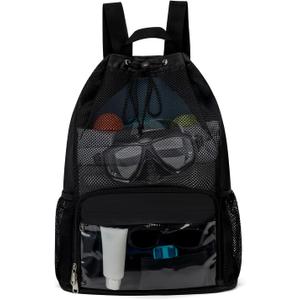 Drawstring Backpack Sandproof Beach Backpack with Shoe Compartment & Wet Pocket Waterproof Mesh Swim Bag Pool Bag for Gym, Travel and Workout Gear (Black)