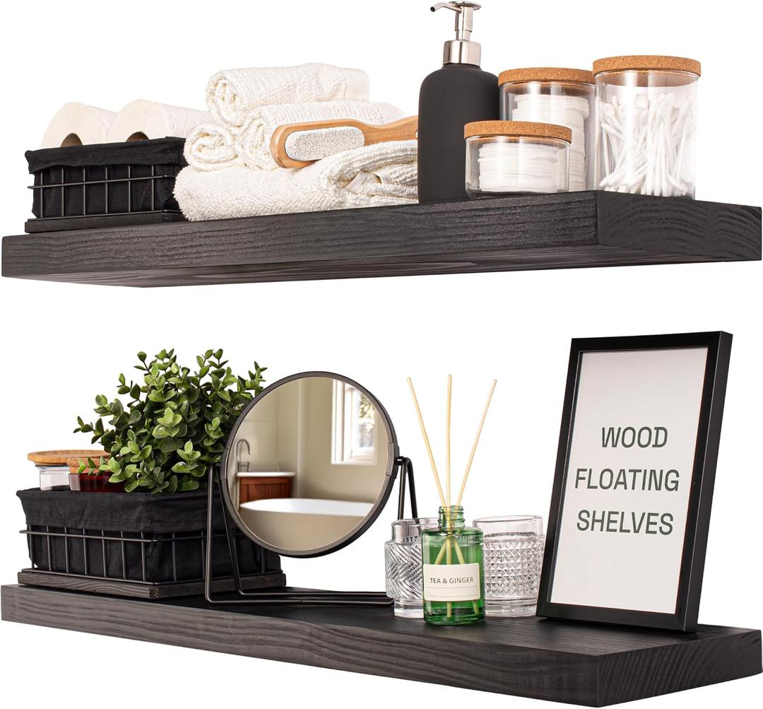 BAOBAB WORKSHOP Wood Floating Shelves for Bathroom Wall - Solid Wood Shelf 36 inch - Long Floating Shelves for Wall for Bedroom Kitchen Living Room - Black Shelves - 36 x 6.7 Inch, Set of 2 