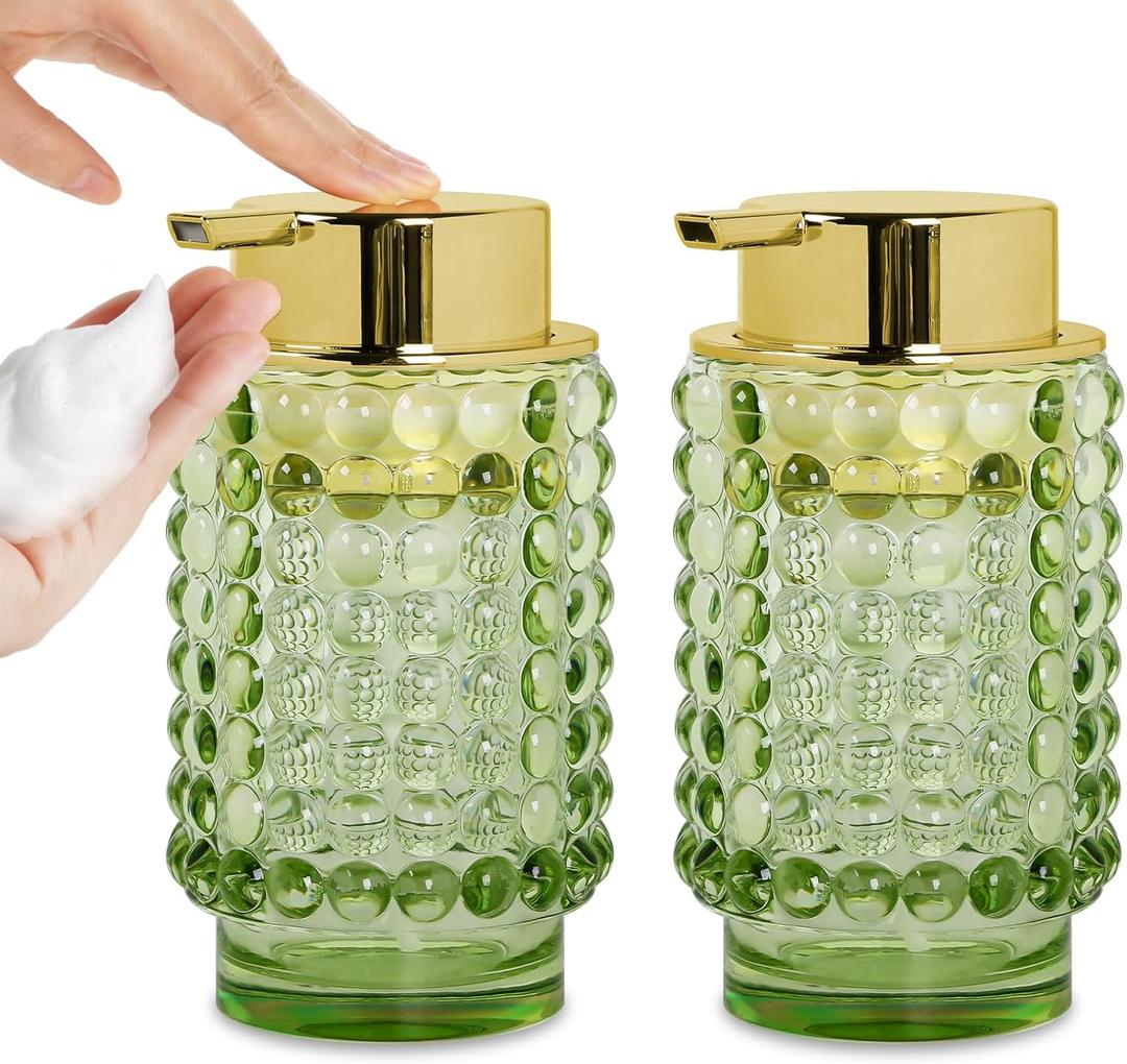 2pcs Glass Foaming Soap Dispenser, Green Foam Hand Soap Dispenser, 12 Oz Large Bottle with Gold Pump, Refillable Lotion Pump Container for Bathroom, Kitchen,Hand Soap, Dish Soap,Shampoo