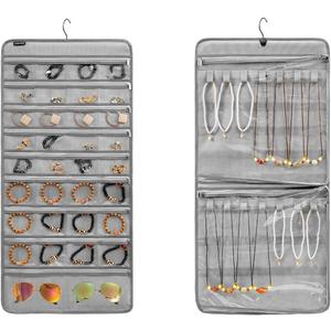 ANZORG Dual-sided Hanging Jewelry Organizer Necklace Holder Jewelries Storage with 34 Zippered Pockets and 14 Dustproof Hook Loops (GREY)