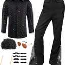6 Pcs Mens 70s Disco Outfits Retro Halloween Couples Costume with Bell Bottom Pants (Large, Black)
