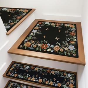 OJIA Floral Stair Treads NonSlip Matching Mat for Wooden Steps, Square Capet Stair Treads Rubber Backing Stair Runner AntiSlip Stair Landing Mat 31x31 Inch Stair Rugs