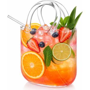 Glass Purse for Drinks Set Wine Cup Purse Bag Shape with Glass Straw for Juice Tea Cocktails Fish Tank Vase a Ladies' Party Gift Creative Drinking Mug(118 oz,Classic)