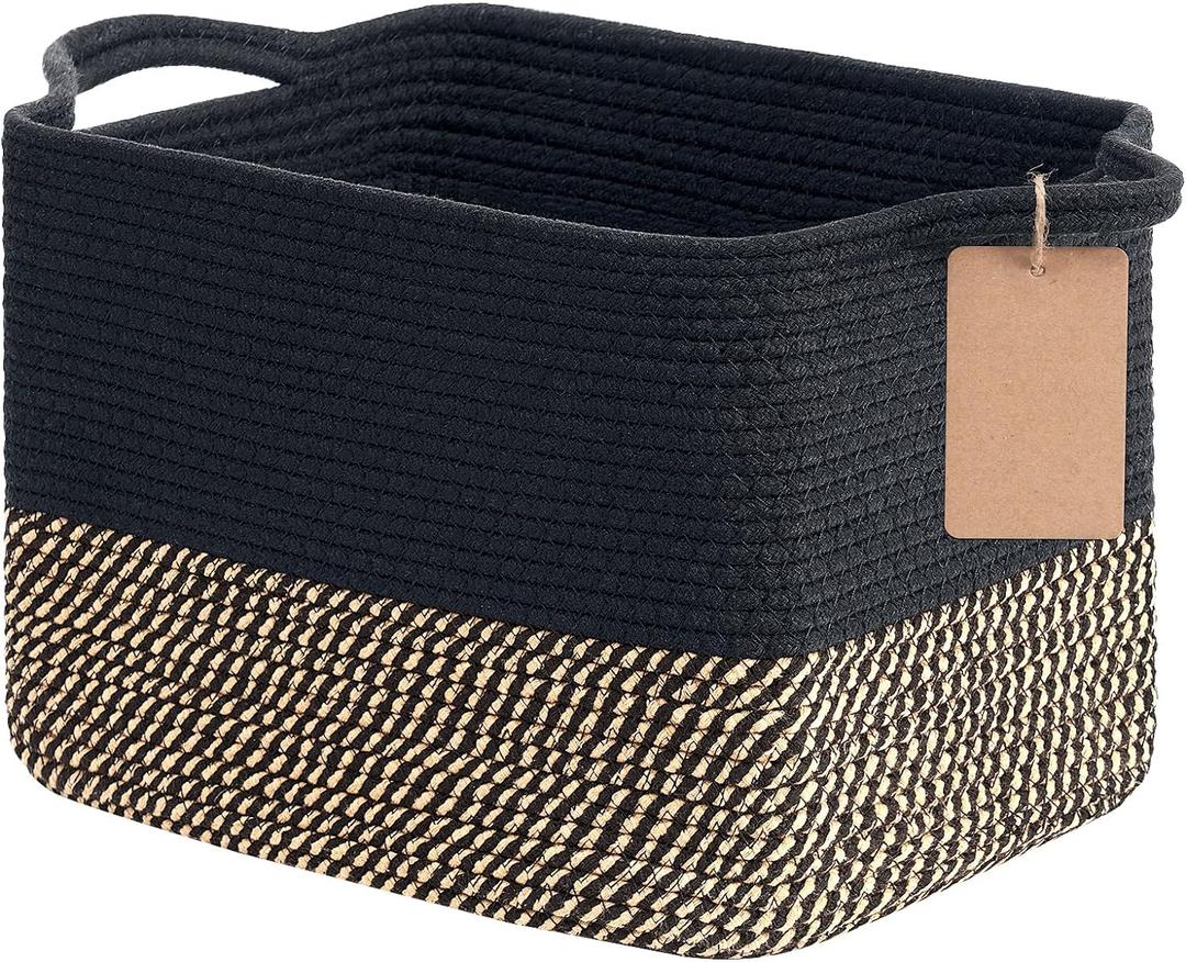 Goodpick Woven Storage Basket for Shelves, Small Wicker Baskets for Shoes,Towel, Toy Baskets Storage Kids, Empty Gift Basket with Handles, 13 x 10 x 9 Inches (Black Jute)