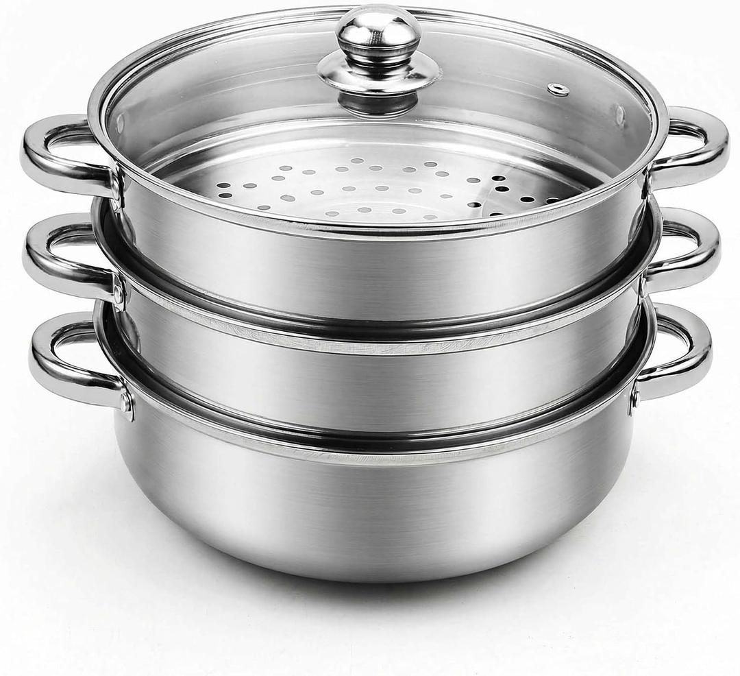 AuFranc 5 Quart Steamer for Cooking - Stainless Steel Steam Pot with Steamer Basket, Multipurpose Cooking Stock Pot with Tempered Glass Lid, Non-Toxic Cookware for Slow Cooking and Steaming (Silver)