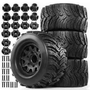 STMU 1/10 RC Rubber Tires & Wheel Rim 12mm/14mm Hex Hub 4.64''OD Compatible with 1/10 Scale Traxxas Rustler Slash HPI Redcat Volcano ExceedRC Infinitive RC Monster Truck Set of 4 (Type A)