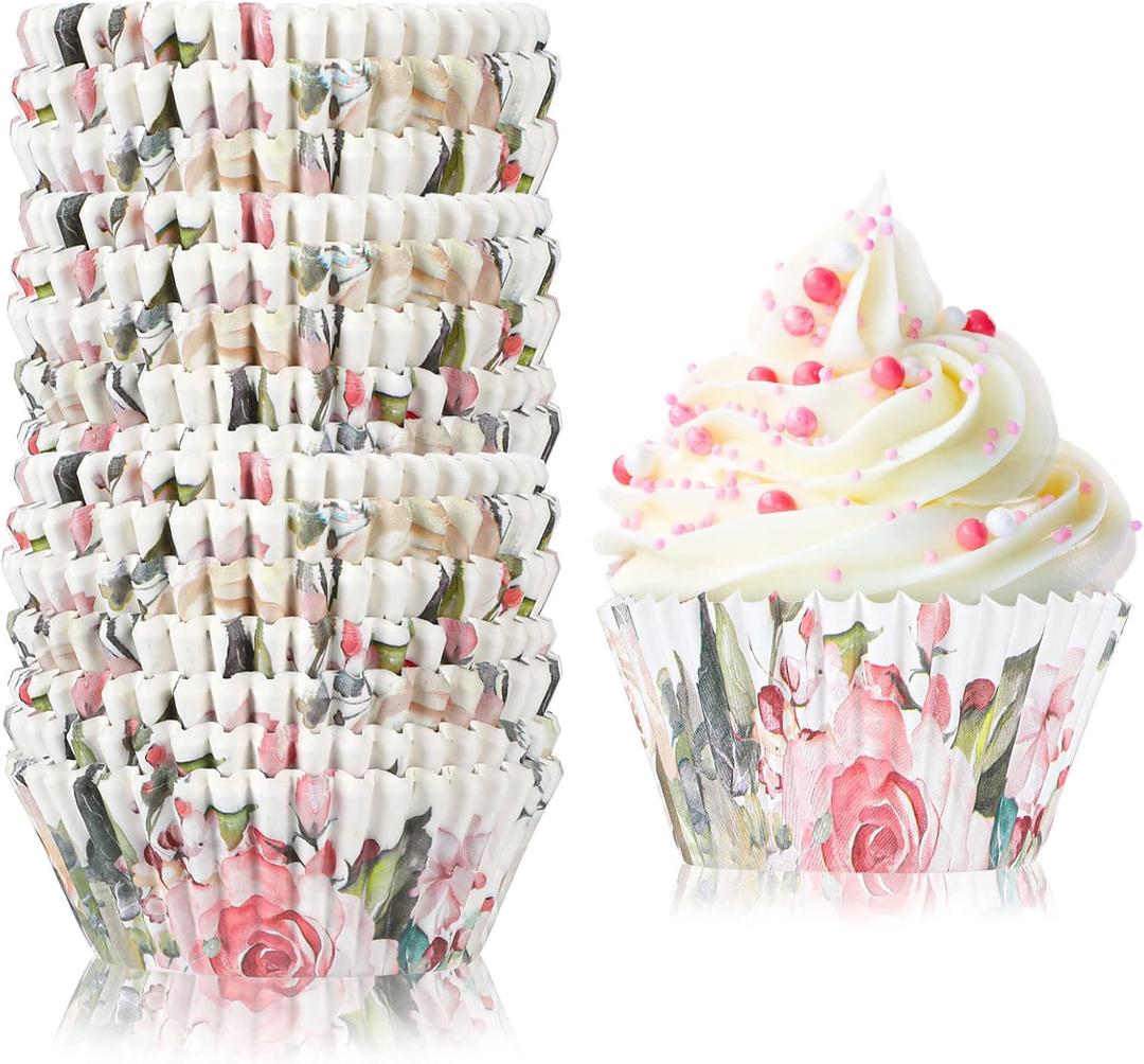300 Counts Floral Cupcake Liners Floral Cupcake Wrappers Baking Cups Baking Liners Holders for Baby Shower Wedding Bridal Showers Birthday Party Decorations