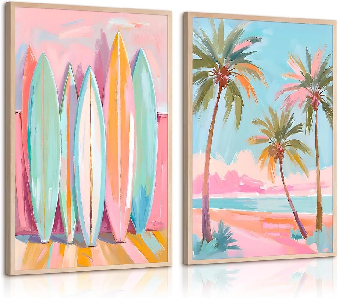 Pink Beach Wall Art Coastal Canvas Pictures Palm Tree Wall Decor Summer Surf Poster Pastel Ocean Painting Tropical Beachy Prints Preppy Aesthetic Artwork for Girl Room Bedroom 12x16x2 Inch Unframed