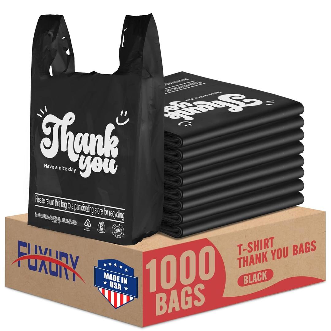 Fuxury 1000 Count Thank You Plastic Bags Black (11.5" x 6.5" x 21"), T-shirt, Grocery, Take Out, To Go,Restaurants, Retail Shopping Bags in Bulk for Small Business (Made in USA)