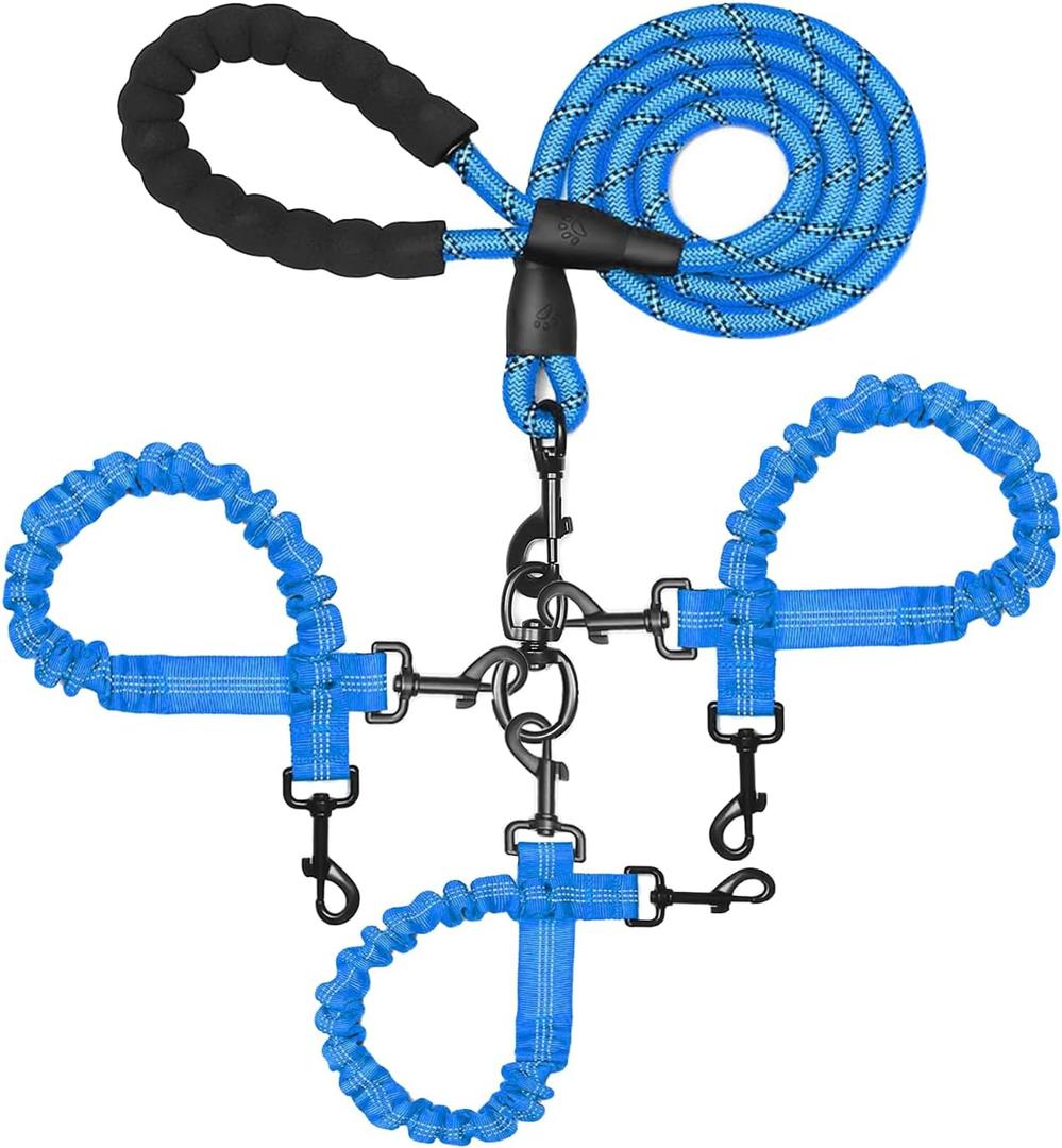 3 Dog Leash No Tangle, Heavy Duty Multiple Dog Lead Shock Absorbing Bungee with Padded Handle Removable Pet Traction Walking Rope for Medium Large Dogs (25-180 Lbs) (Blue)