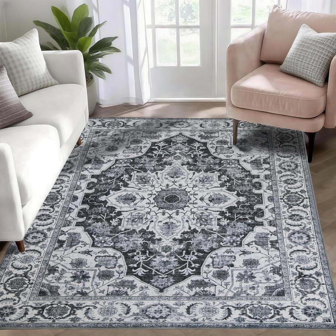WILLSUN Washable Area Rugs, 3x5 Non-Slip Boho Large Area Rugs for Living Room, Bedroom, Machine Washable Vintage Rug, Indoor Floral Print Carpet for Home Decor, Kid & Pet Friendly Mat (Grey)