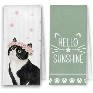 Hello Sunshine Cat Kitchen Towels Set of 2 | Set of 2 16x24 in floral cat towels with cute black and white cat design for kitchen, bathroom, or spring farmhouse decor.